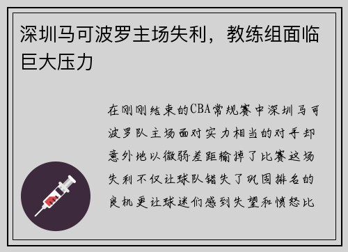 深圳马可波罗主场失利，教练组面临巨大压力