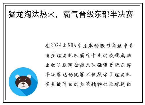 猛龙淘汰热火，霸气晋级东部半决赛